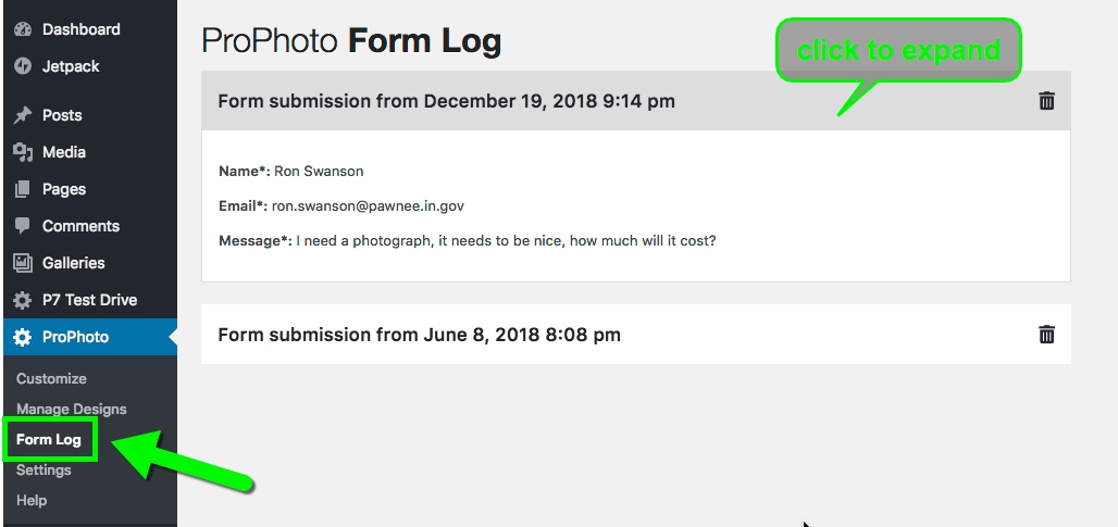 Form log – ProPhoto Support